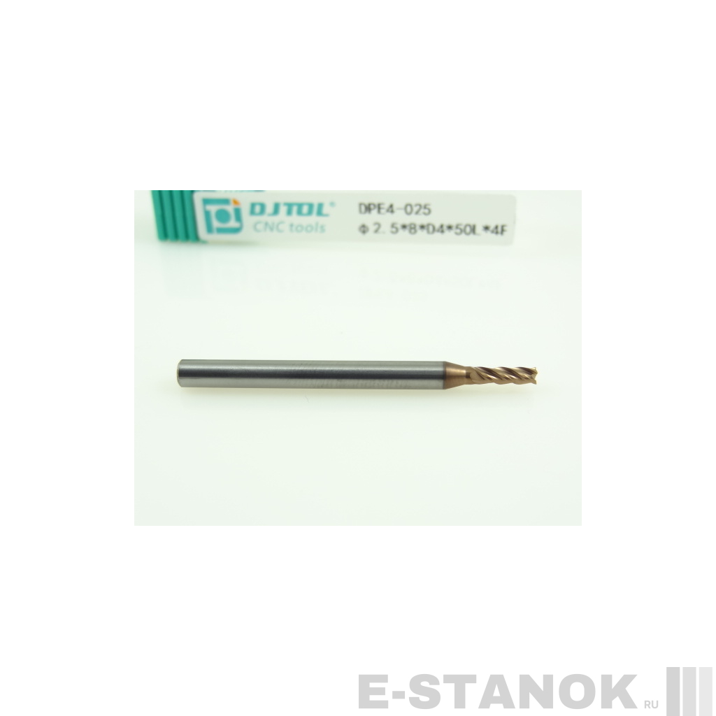 Четырёхзаходная универсальная фреза (HRC50) DJTOL: диам. 2.5 мм, хвост. 4 мм, реж. часть 8 мм