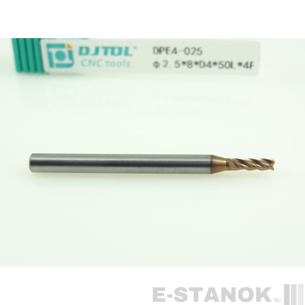 Четырёхзаходная универсальная фреза (HRC50) DJTOL: диам. 2.5 мм, хвост. 4 мм, реж. часть 8 мм