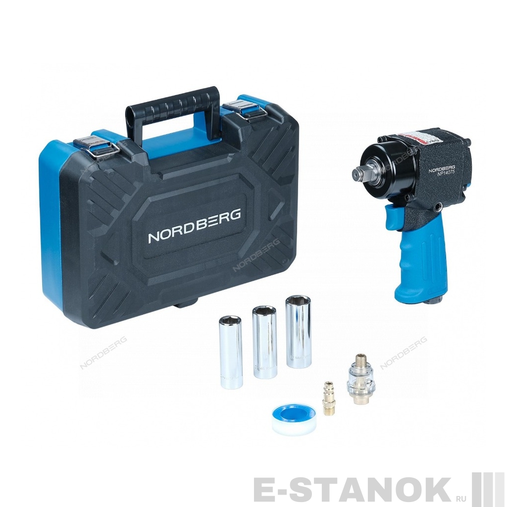 NP14075K NORDBERG Пневмогайковерт ударный 1/2", 680Нм, укороченный, с 3мя головками в кейсе
