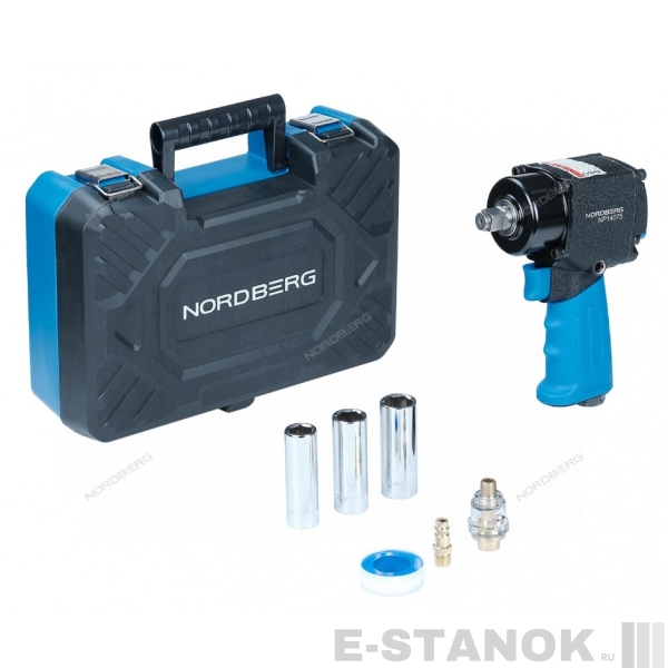 NP14075K NORDBERG Пневмогайковерт ударный 1/2", 680Нм, укороченный, с 3мя головками в кейсе